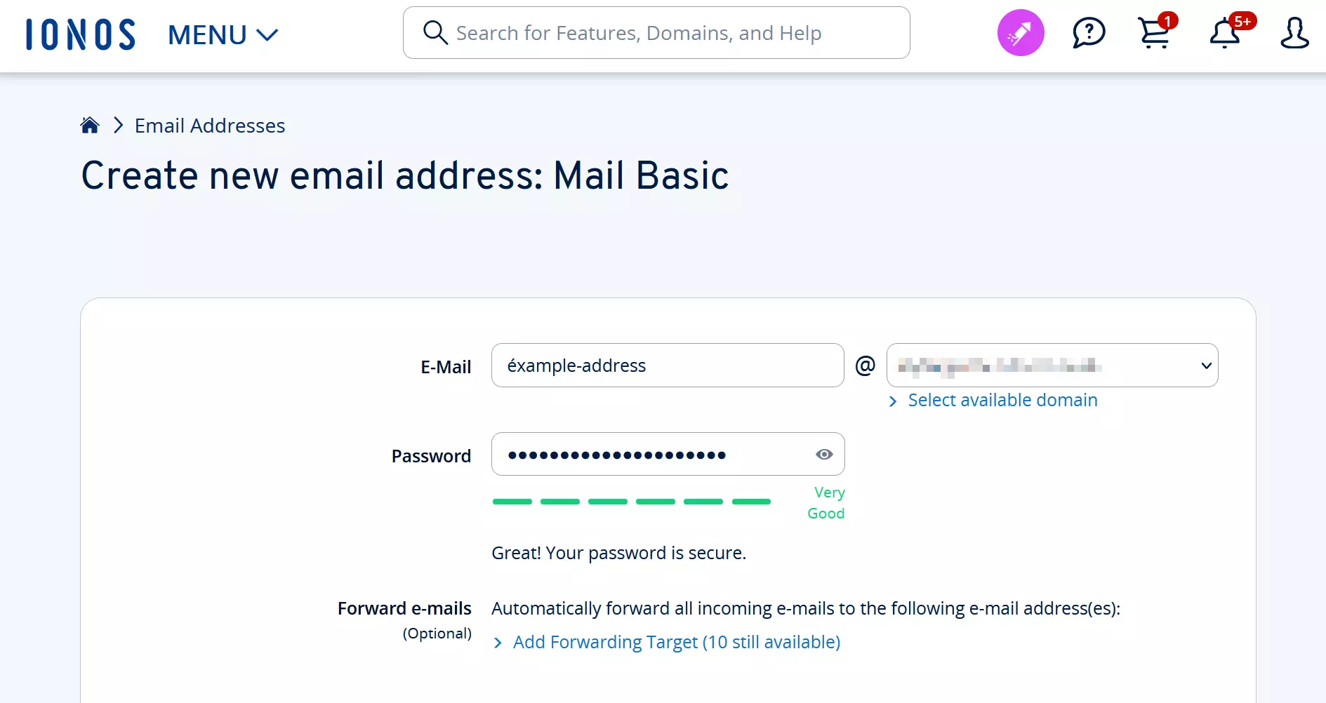 Screenshot of page for creating a new email address in IONOS Control Center Screenshot of page for creating a new email address in IONOS Control Center