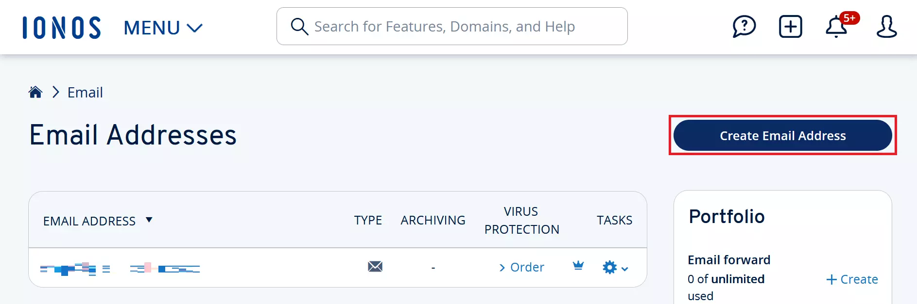 Screenshot of section for email accounts in IONOS Control Panel Screenshot of section for email accounts in IONOS Control Panel