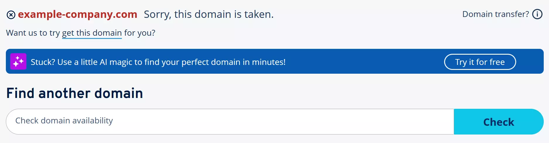 IONOS Domain Check notification stating that the domain is already taken IONOS Domain Check notification stating that the domain is already taken