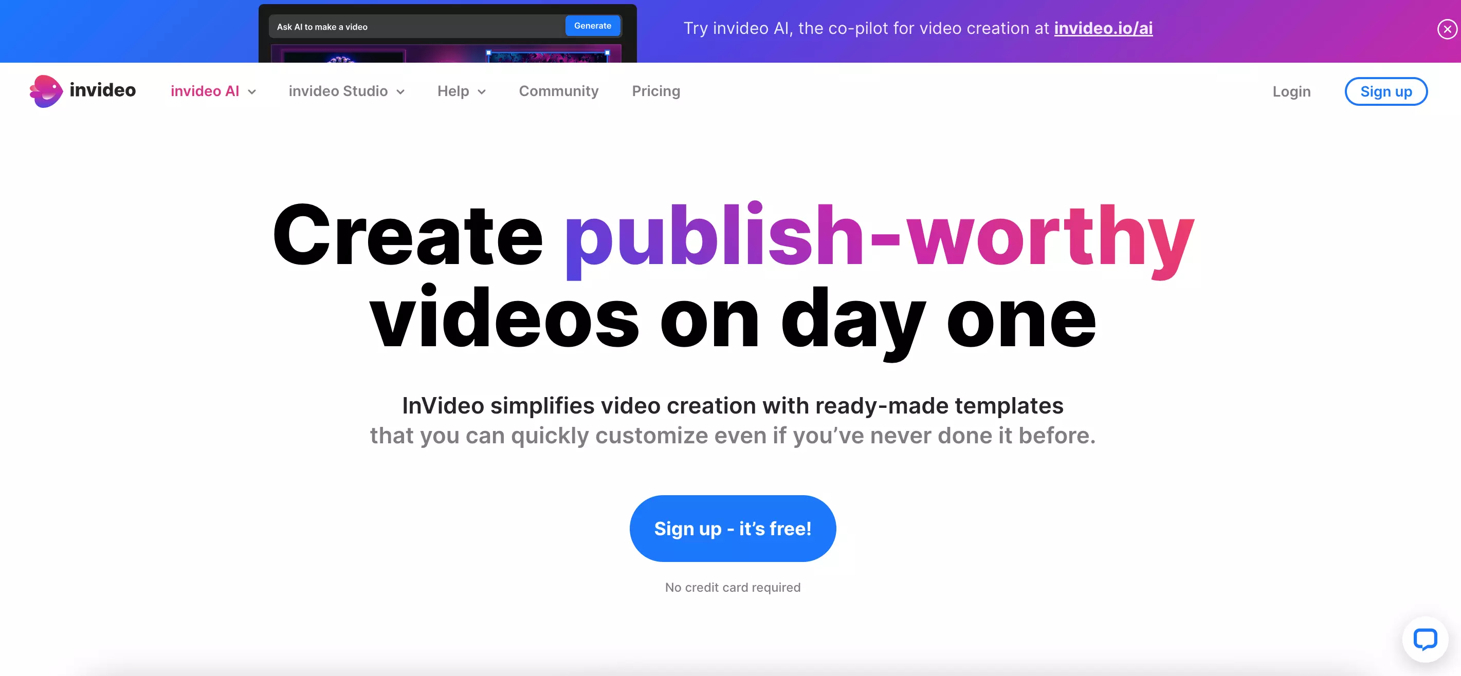 Screenshot of InVideo homepage Screenshot of InVideo homepage
