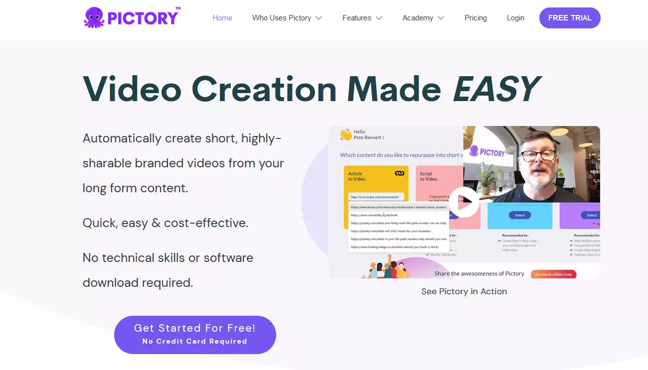 Screenshot of the Pictory website Screenshot of the Pictory website