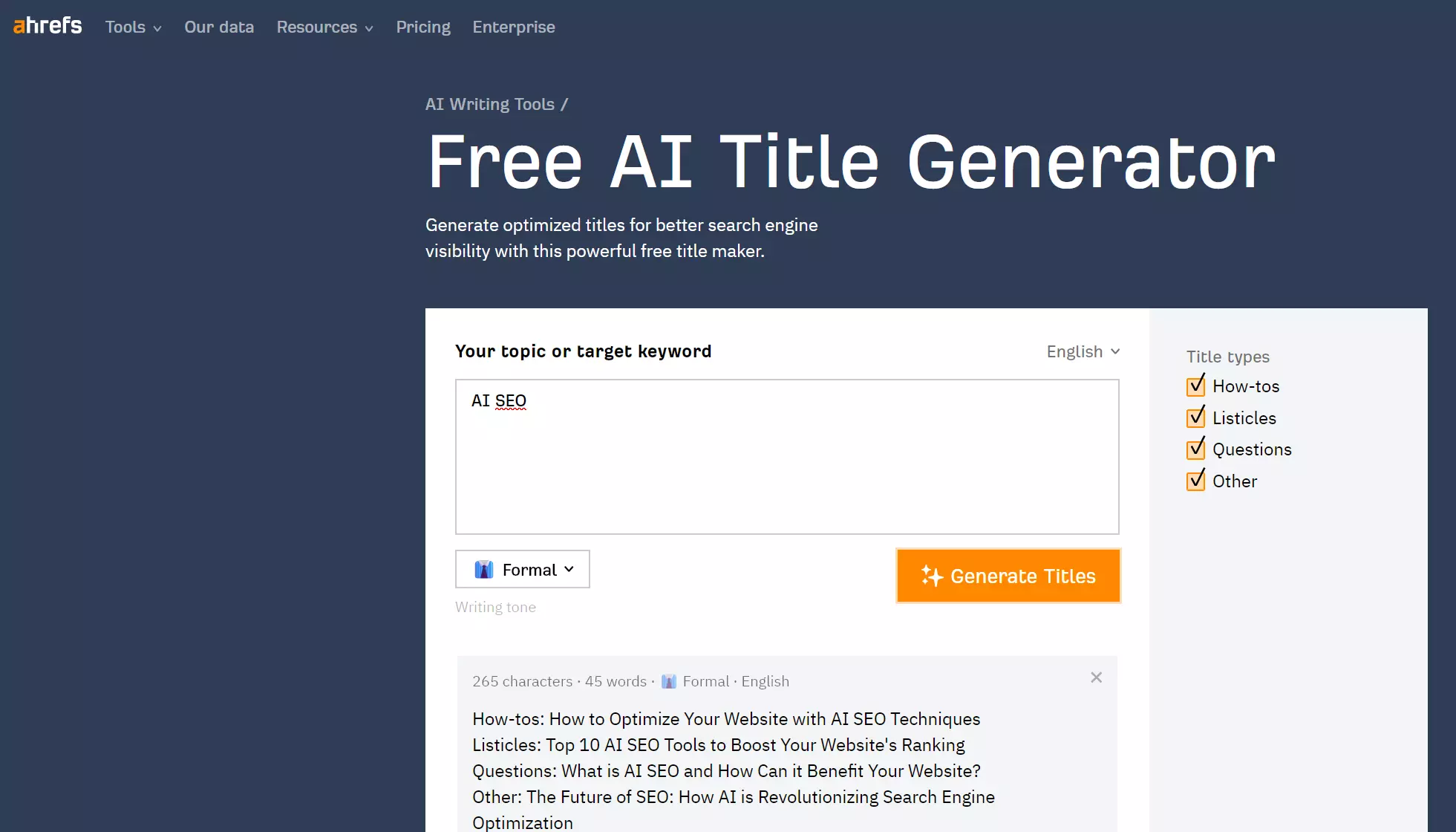 Free AI title generator from Ahrefs Free AI title generator from Ahrefs