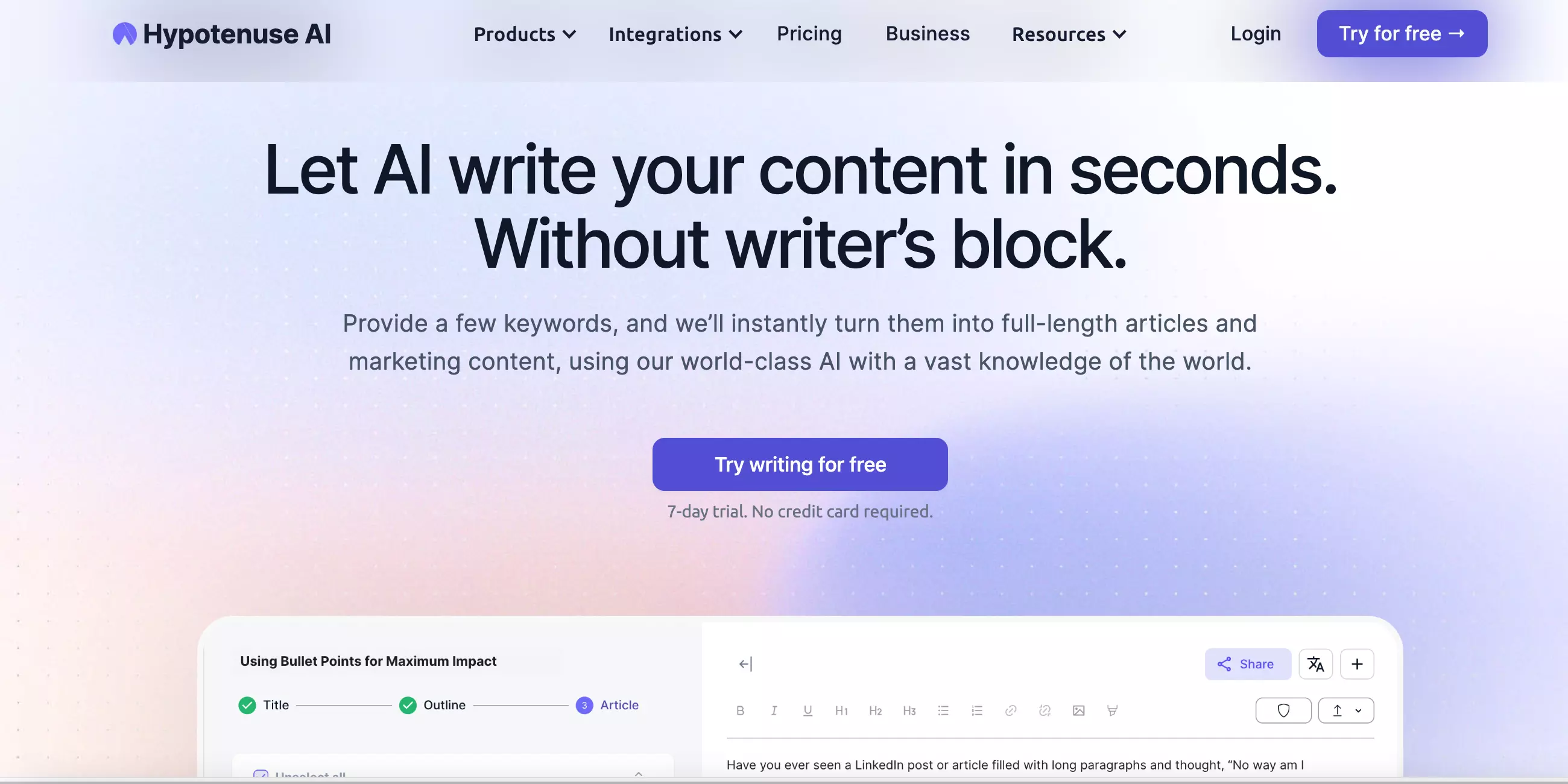 Hypotenuse AI homepage Hypotenuse AI homepage